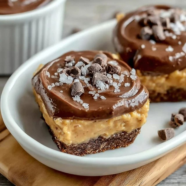 Chocolate peanut butter bars cut into squares on parchment paper, smooth dark chocolate glaze top showing glossy shine, peanut butter filling layer visible at edges, graham cracker crumb base, salt flakes on top