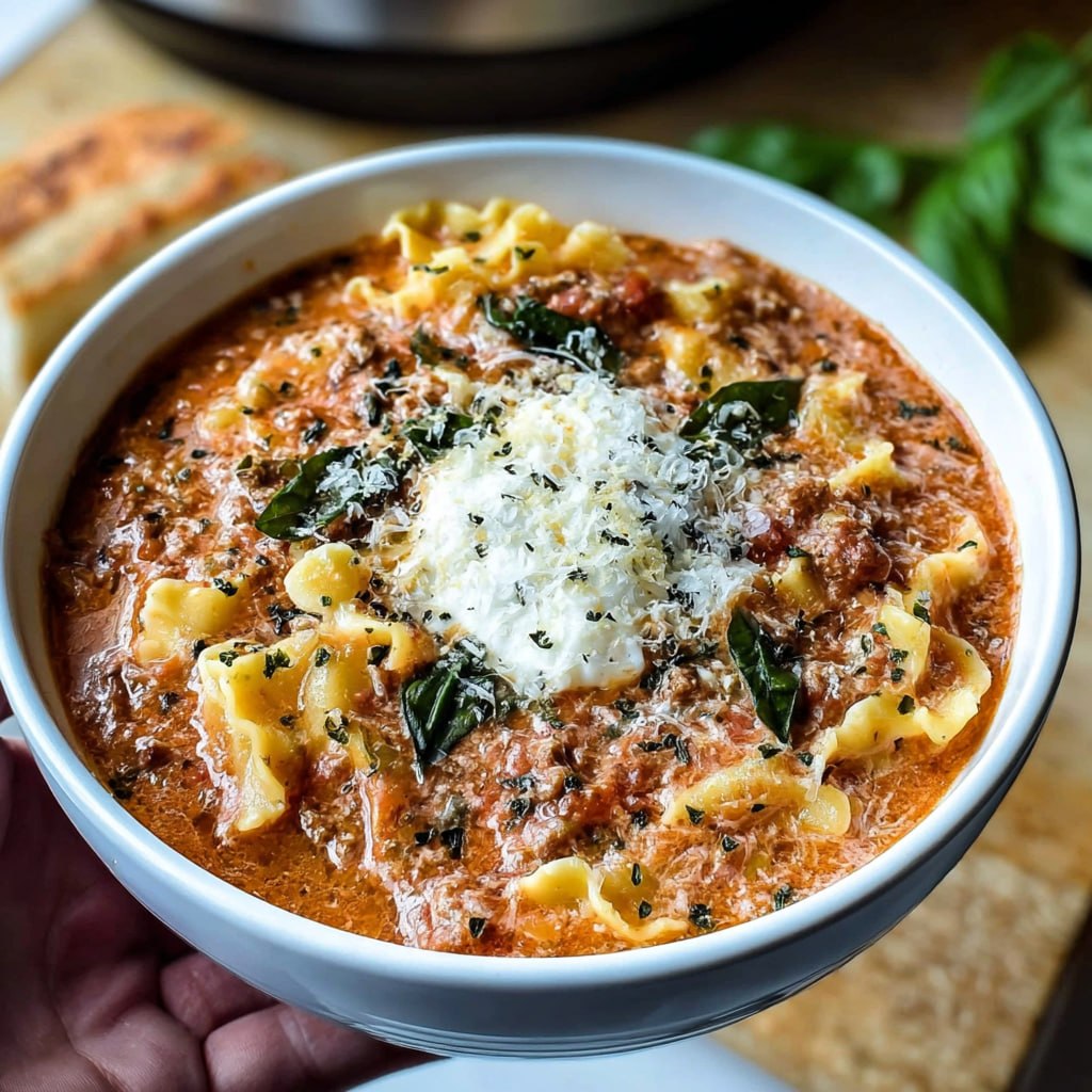 Close-up of lasagna soup showing curly broken lasagna noodles, ground beef, ricotta dollops, melted cheese pulls, basil leaves, dripping spoon