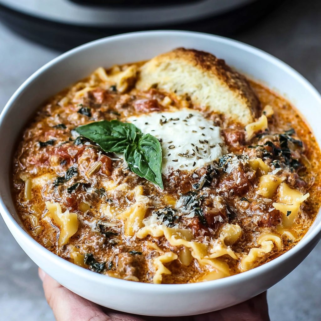 Instant Pot lasagna soup in a wide bowl, ground beef, broken lasagna noodles, marinara red broth, three dollops of ricotta on top with melted mozzarella strings, parmesan and basil garnish
