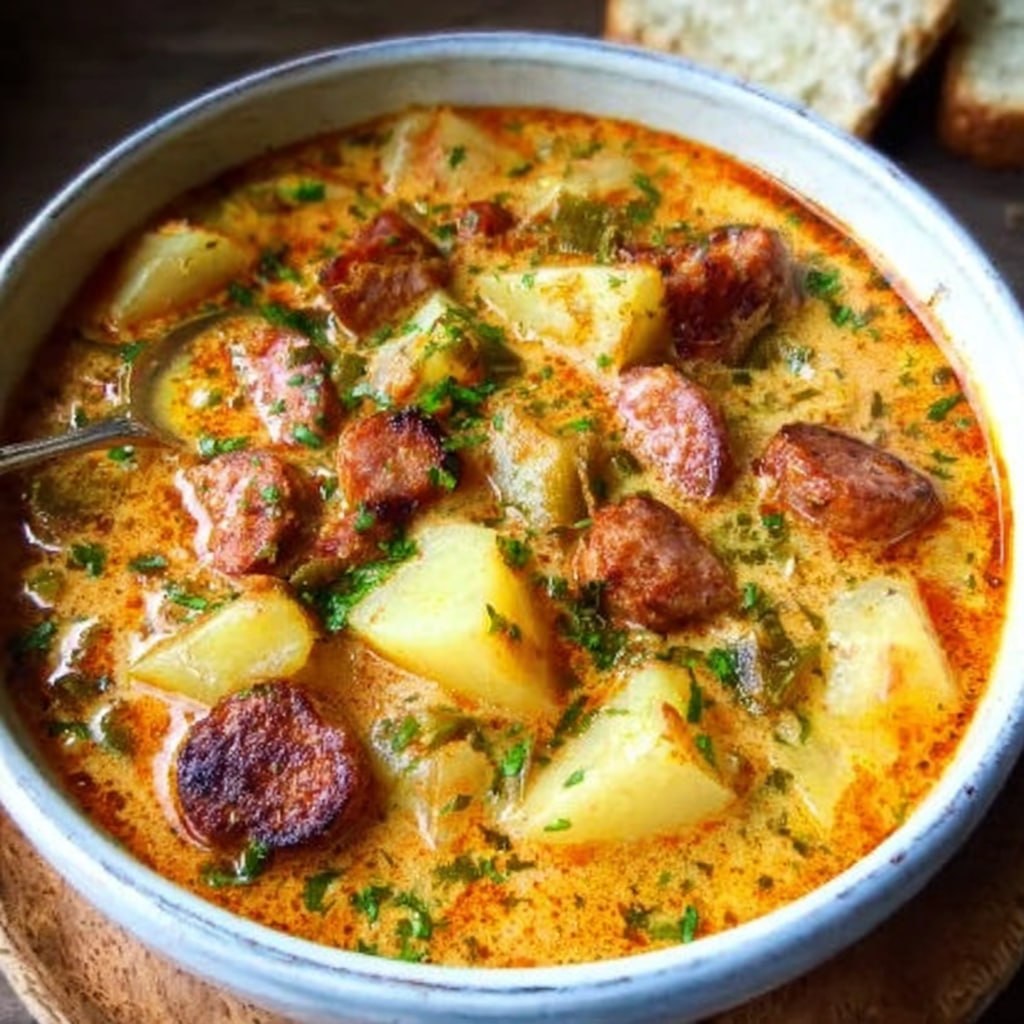 Spanish potato soup with chorizo in a rustic terracotta bowl, deep red-orange broth from smoked paprika, chunks of golden potato, sliced chorizo coins floating on top, fresh parsley garnish, crusty bread on the side