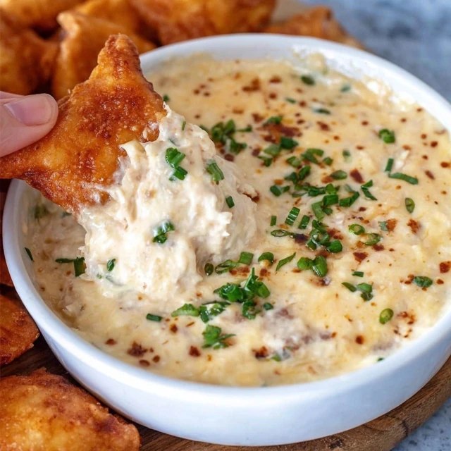 Close-up of crab dip being scooped with a cracker showing creamy interior with visible lump crab meat, melted cheese, fresh chives, paprika dusting