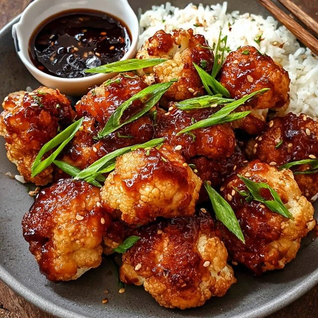 General Tso's cauliflower in a black bowl on a wooden board, golden crispy cauliflower florets coated in glossy red-brown sauce, sesame seeds, green onions, red chili flakes, steamed white rice on the side