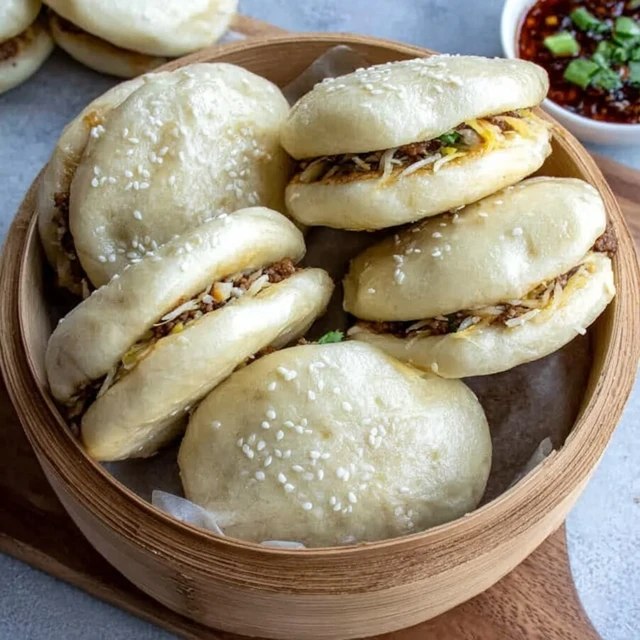 Close-up of one open bao bun showing soft folded white bun, dark sticky hoisin pork belly, bright green pickle, cilantro leaves, drip of sauce