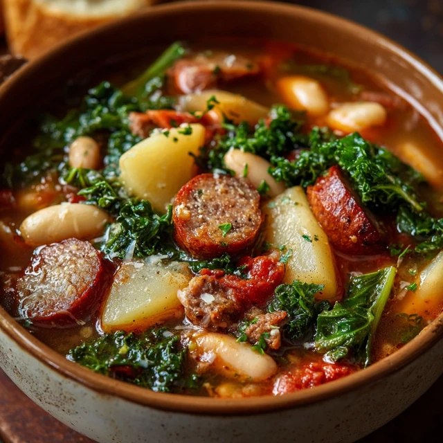 Sausage kale potato soup in a deep bowl, creamy broth with chunks of golden potato, browned Italian sausage crumbles, bright green kale, sprinkle of red pepper flakes, parmesan grated on top