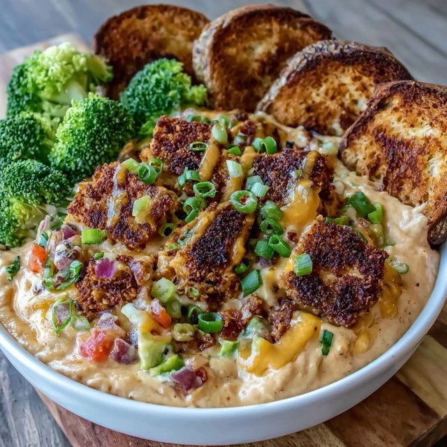 Close-up of bread dipping into the cheesy bacon dip showing cheese pull, creamy interior, chunks of crispy bacon, golden surface
