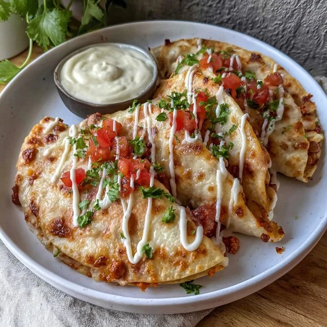 Cheesy chicken quesadillas cut into triangles on a wooden board, crispy golden tortillas with melted cheese oozing out the edges, seasoned chicken visible, served with sour cream, salsa, guacamole on the side