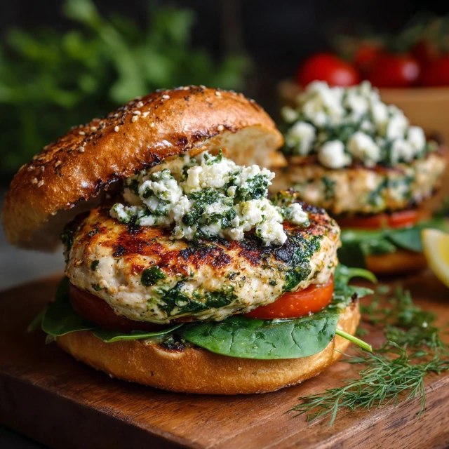Spinach feta chicken burger on a toasted brioche bun, juicy ground chicken patty flecked with green spinach and white feta crumbles, tomato, red onion, tzatziki dripping down the side