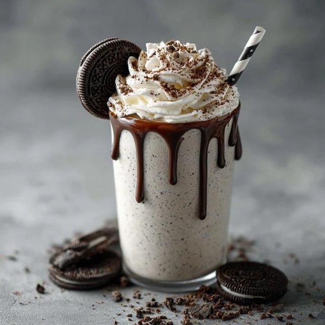 Close-up of the milkshake showing flecks of crushed Oreo throughout the creamy shake, thick enough to hold the straw upright