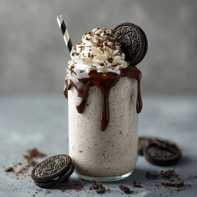 Tall glass of thick Oreo milkshake topped with whipped cream, a whole Oreo on the rim, crushed cookie crumbs, chocolate drizzle down the inside of the glass, striped straw