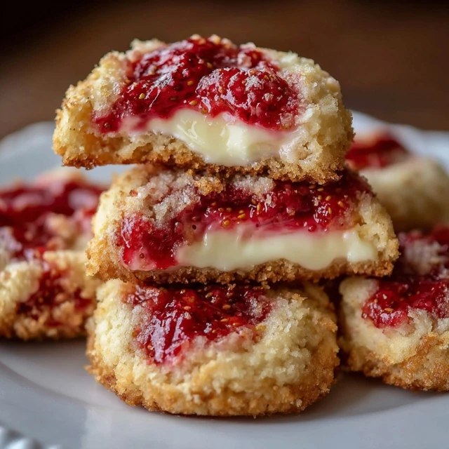 Raspberry cream cheese cookies on a cooling rack, soft pale cookies with a thumbprint well of glossy red raspberry jam in the center, light dusting of powdered sugar
