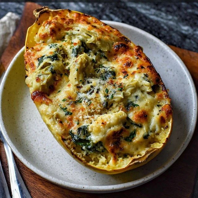 Close-up of a fork twirling the squash strands coated in creamy spinach artichoke sauce with stretchy melted mozzarella