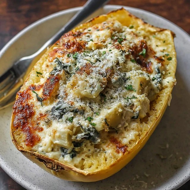 Two roasted spaghetti squash halves filled with creamy spinach artichoke mixture, melted bubbly cheese on top, golden edges, served in the squash shells on a baking sheet