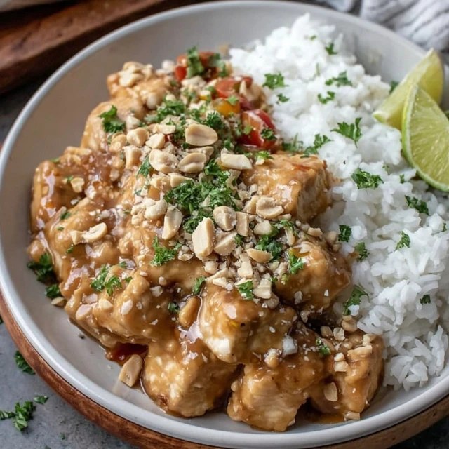 Peanut chicken over fluffy white rice in a bowl, glossy golden-brown peanut sauce coating tender chicken pieces, topped with crushed peanuts, sliced green onion, lime wedge and cilantro