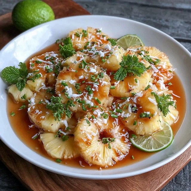 Pineapple salad in a bowl, fresh pineapple chunks with shredded coconut and a creamy coconut dressing, garnished with mint and toasted coconut flakes