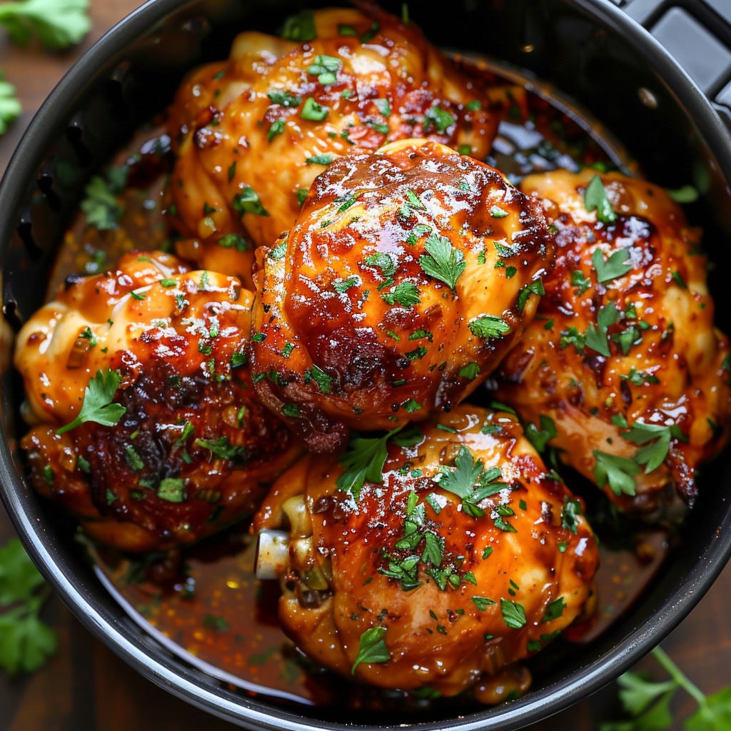 Close-up of air fryer chicken breast sliced open showing juicy white interior, golden seasoned crust, fresh herbs