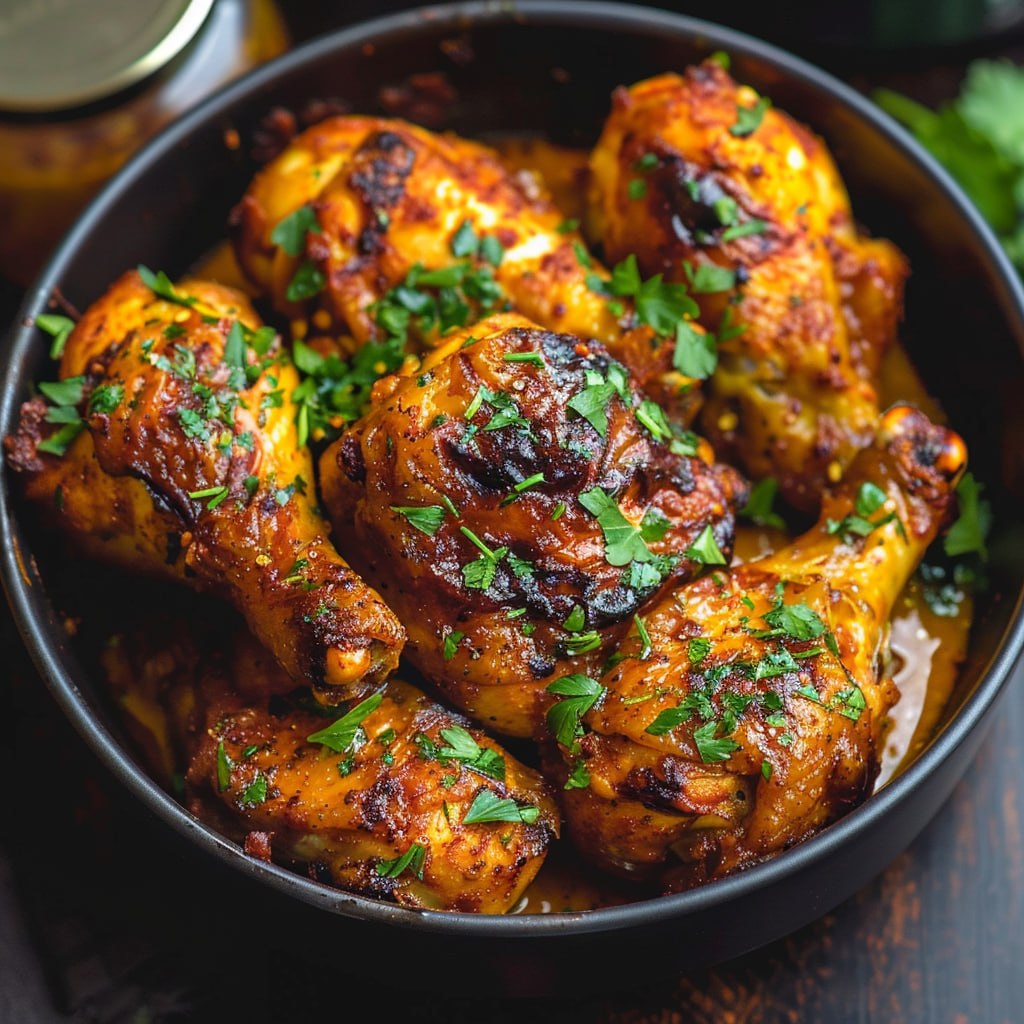 Insanely juicy air fryer chicken overhead, golden seasoned chicken breasts with crispy edges, glossy surface, fresh chopped parsley scattered, dish fills the frame, vibrant warm tones