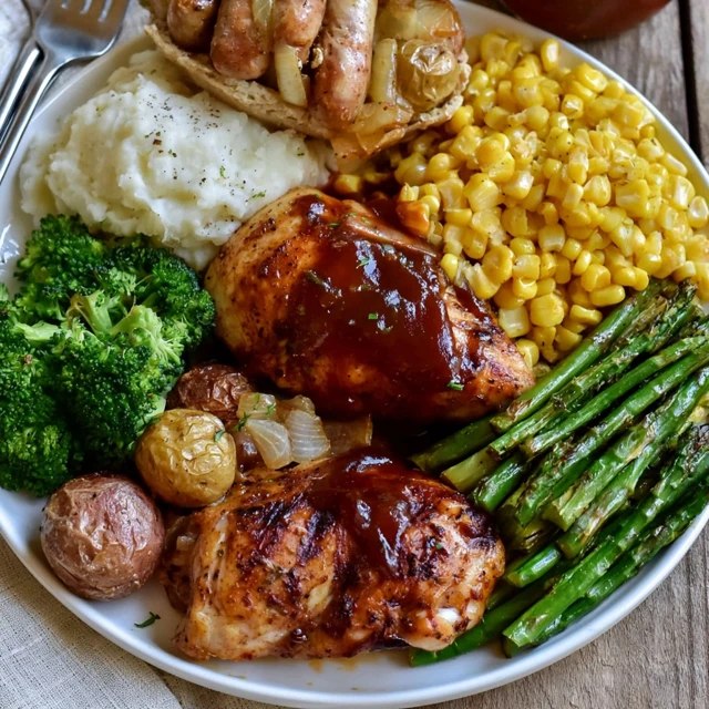 Grilled chicken dinner plate, juicy grill-marked chicken breast with roasted potatoes, grilled vegetables and a lemon wedge, garnished with fresh herbs