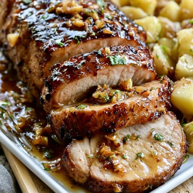 Honey garlic pork tenderloin sliced on a board, juicy pink-centered medallions glazed in a glossy honey garlic sauce, garnished with parsley and sesame seeds