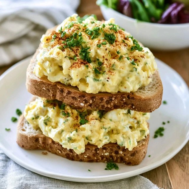 Close-up of creamy egg salad showing chopped hard-boiled egg, flecks of chive and celery in a smooth dressing