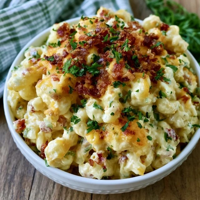 Cheesy bacon ranch pasta salad in a big bowl, rotini coated in creamy ranch dressing with crispy bacon bits, cubed cheddar, cherry tomatoes and chopped green onion on top