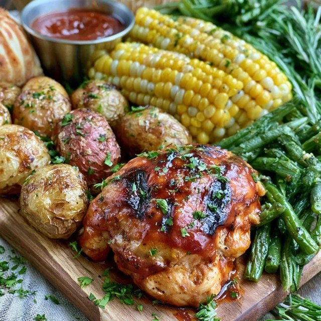 Close-up of juicy barbecue chicken brushed with sticky red BBQ sauce showing grill marks and caramelized edges