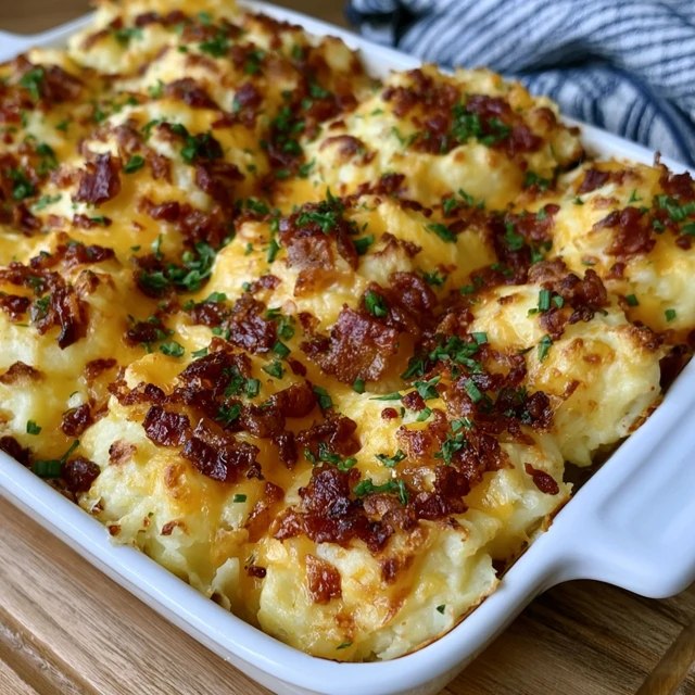 Cheesy bacon mashed potato casserole in a baking dish, creamy mashed potatoes topped with melted cheddar, crispy bacon and green onion, a scoop taken out showing the fluffy interior
