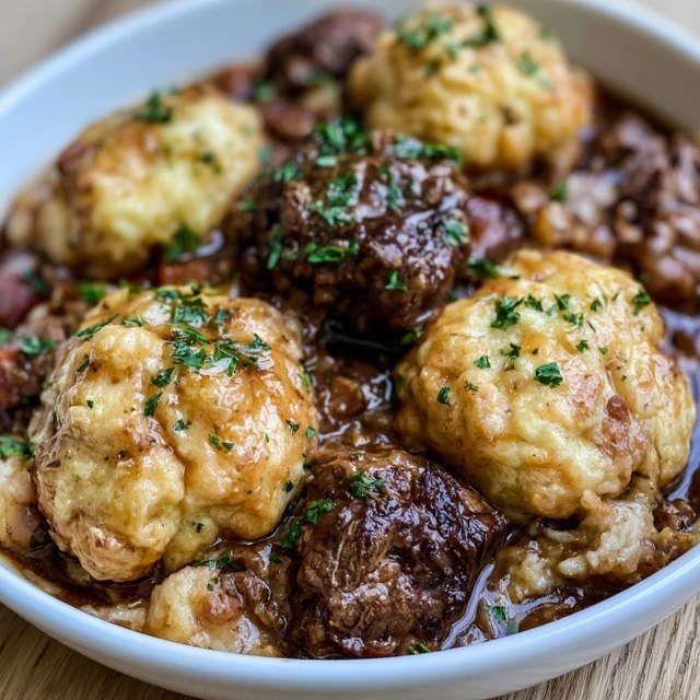 Close-up of a fluffy dumpling sitting in rich beef stew gravy with tender beef and vegetables around it