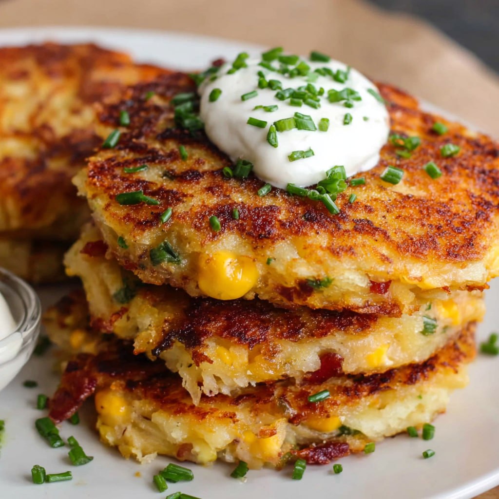 Crispy loaded mashed potato cakes golden brown with sour cream and green onions on top