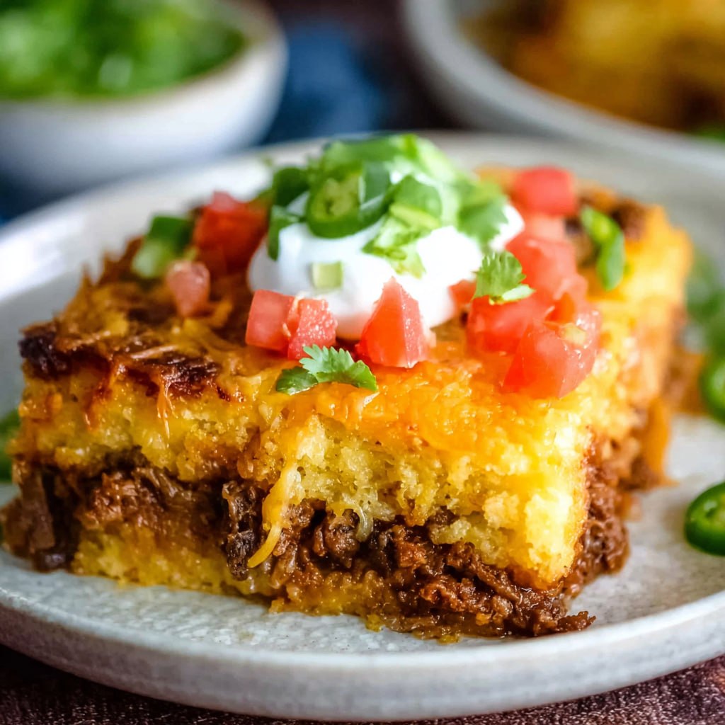 Tamale casserole in baking dish with golden cornbread topping bubbling beef and cheese