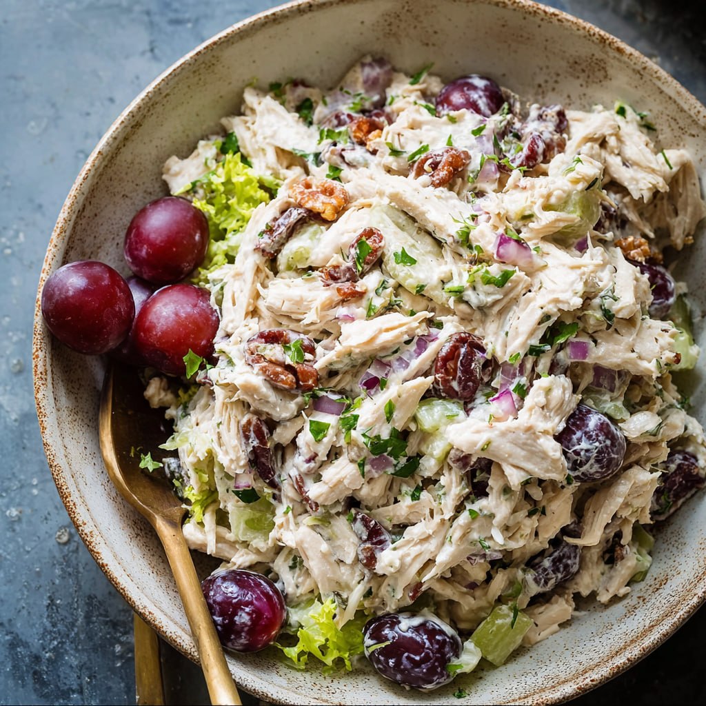 Sonoma chicken salad served on a croissant with grapes and toasted pecans visible