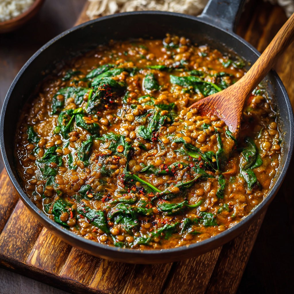 Bowl of spicy lentils and spinach with golden onions, fragrant cumin, fresh cilantro, and a swirl of yogurt