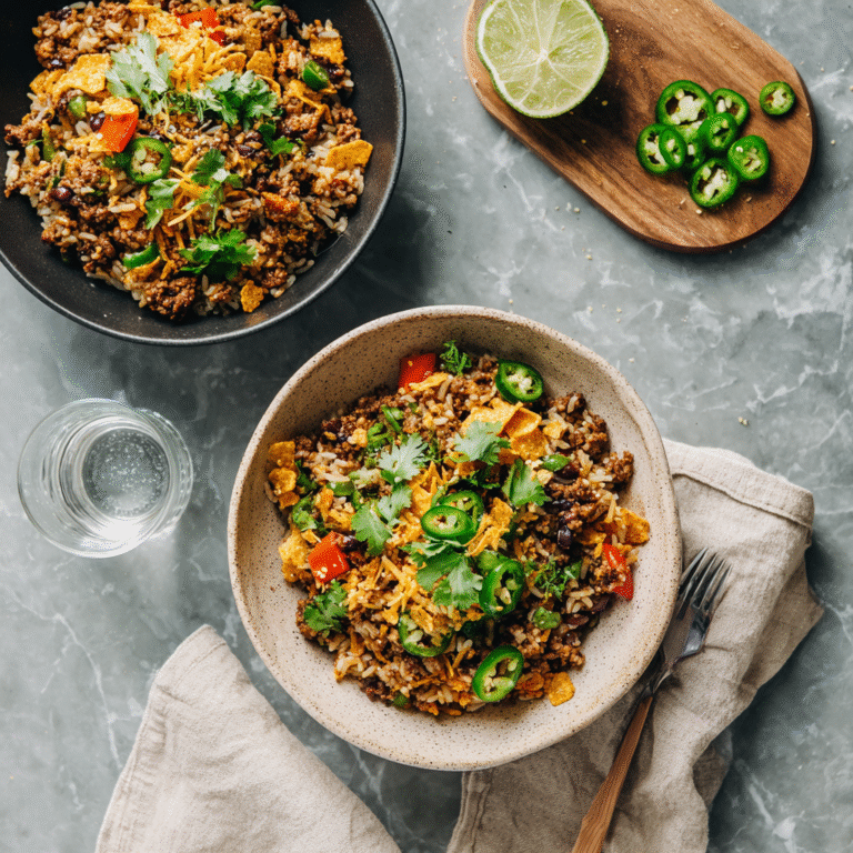 Two taco rice bowls topped with seasoned meat, cheese, fresh toppings, and crunchy Doritos chips for a bold and satisfying meal.