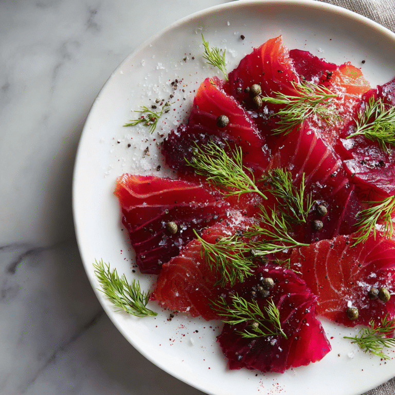 Vibrant pink beetroot cured salmon sliced and arranged on a platter with fresh herbs creating an elegant and colorful homemade gravlax presentation perfect for special occasions