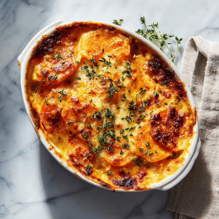 Butternut squash gratin in a baking dish with golden bubbly cheese topping, featuring layered butternut squash slices in creamy sauce with herbs creating an elegant presentation