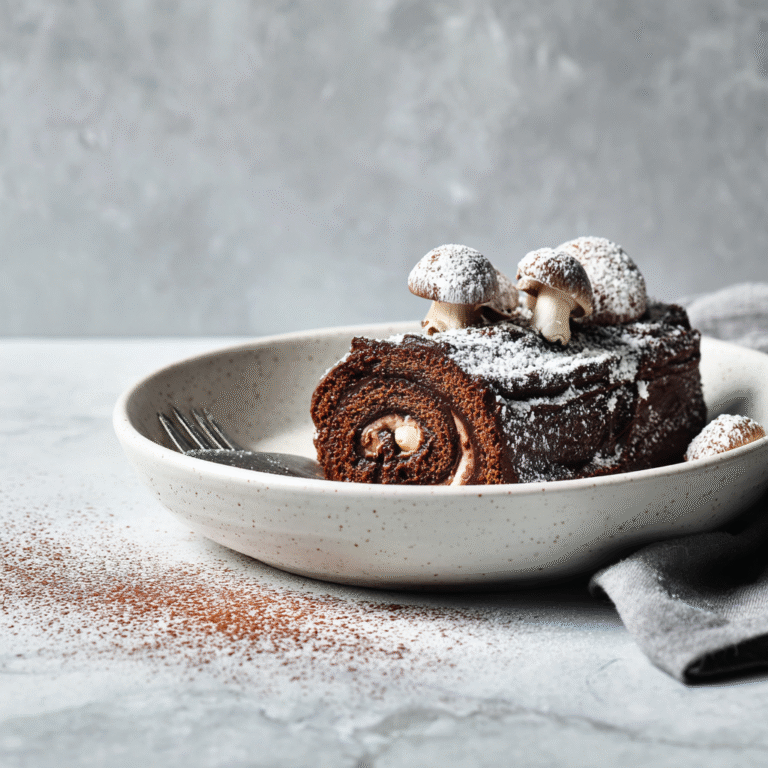 Chocolate yule log on a serving board with textured chocolate buttercream bark frosting, decorated with powdered sugar snow, meringue mushrooms, and fresh rosemary creating a festive Christmas presentation