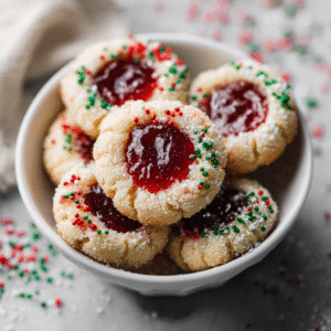 Colorful Christmas thumbprint cookies with jam-filled centers arranged on a festive platter creating a cheerful holiday cookie presentation perfect for seasonal celebrations and gift giving