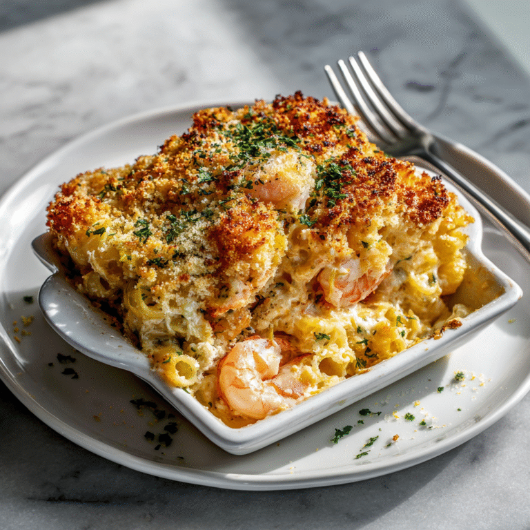 Creamy seafood gratin pasta bake in a baking dish with golden cheese topping, featuring tender pasta with shrimp, scallops, and other seafood in rich cream sauce creating an elegant presentation
