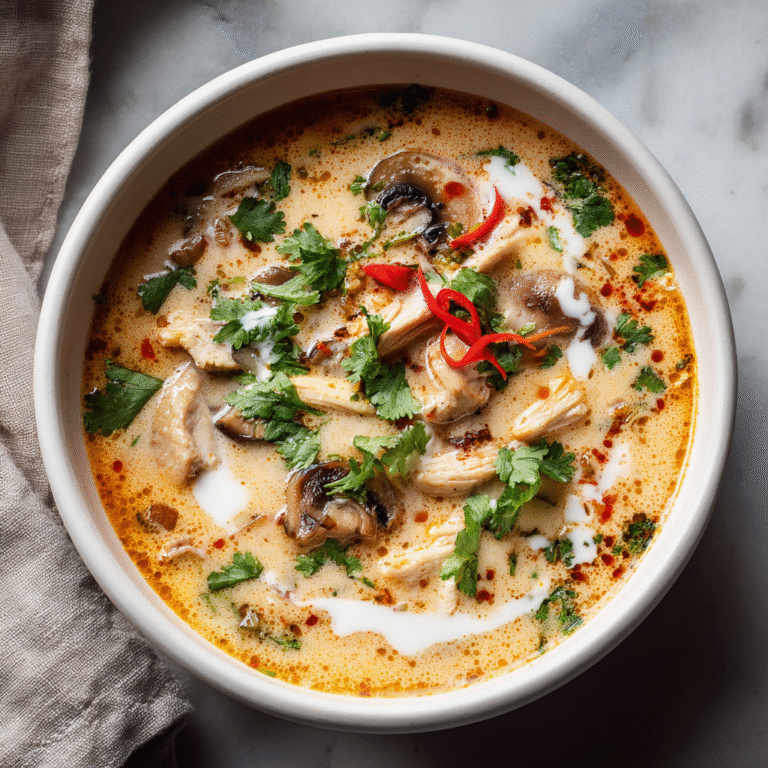 Creamy Thai turkey soup in a bowl with coconut milk broth, shredded turkey, vegetables, Thai herbs, and garnishes creating a rich and aromatic soup presentation