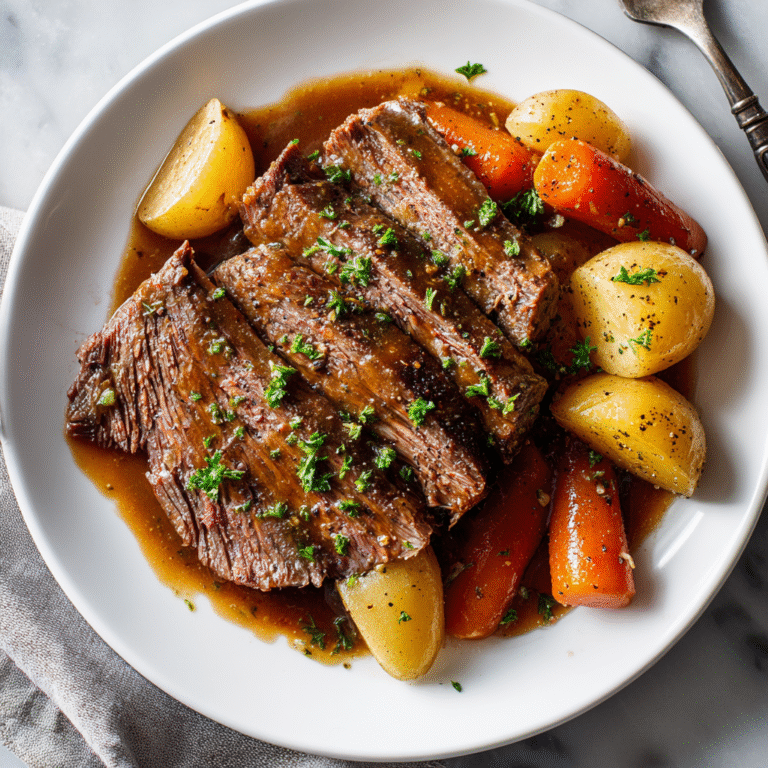 Tender crock pot chuck roast cooked with vegetables and gravy, served as a hearty and comforting meal.