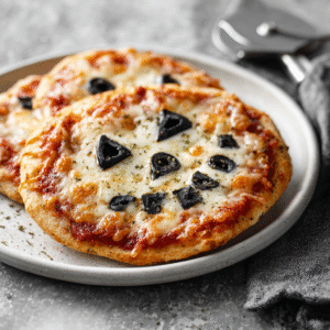 Cute mini Halloween pizzas decorated with festive toppings to create spooky faces and designs on a platter creating a fun and kid-friendly Halloween party food presentation