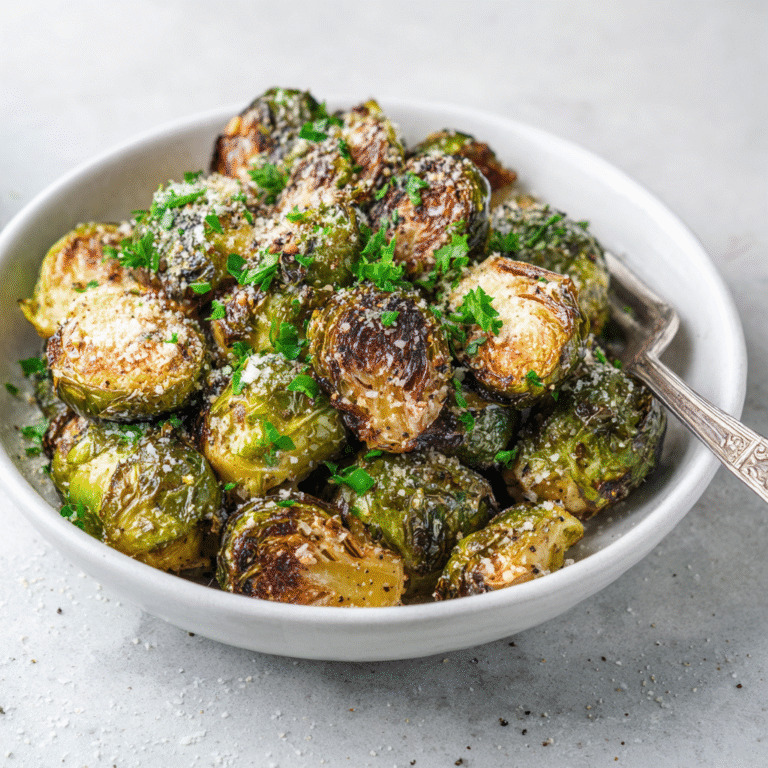 Garlic Parmesan roasted Brussels sprouts on a serving plate with golden caramelized edges, crispy exterior, topped with shredded Parmesan cheese and garlic creating a flavorful side dish