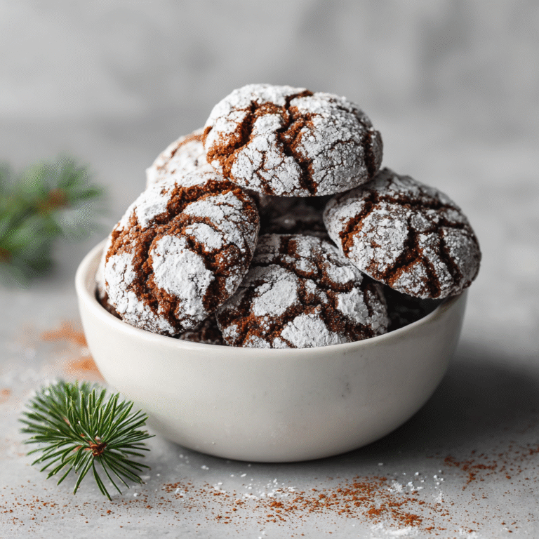 Gingerbread crinkle cookies on a plate with crackled powdered sugar coating revealing dark gingerbread cookie underneath, creating a festive contrast and beautiful holiday presentation