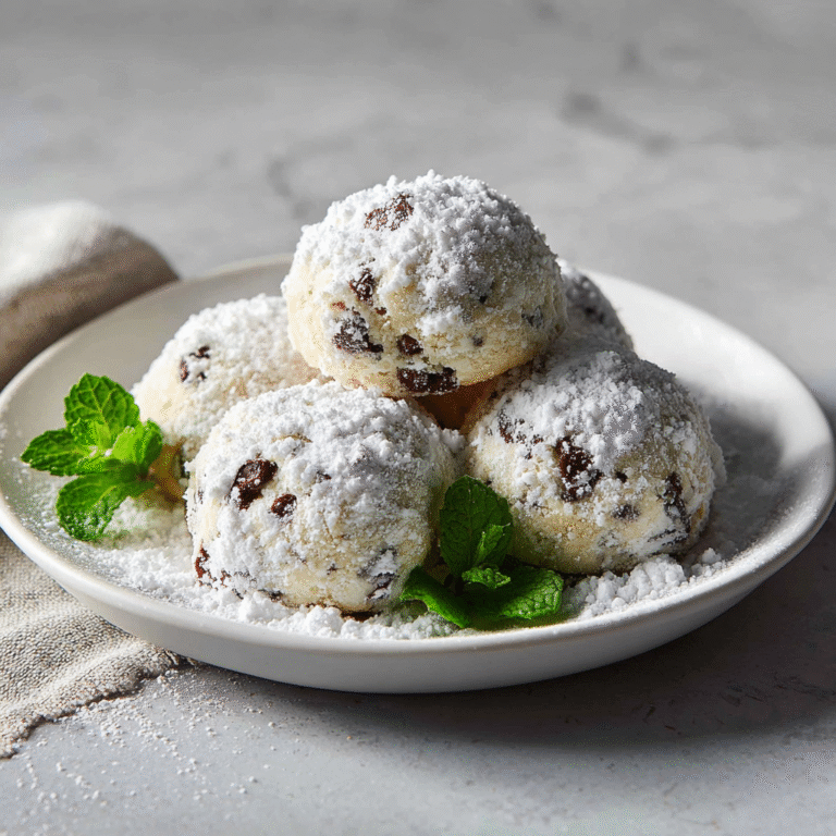 Mint chocolate snowball cookies dusted with powdered sugar arranged on a plate, featuring round chocolate cookies with mint flavor coated in white powdered sugar resembling snowballs