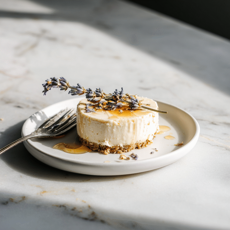 Creamy no-bake honey lavender cheesecake on a plate with a smooth pale purple filling, graham cracker crust, garnished with fresh lavender sprigs and honey drizzle