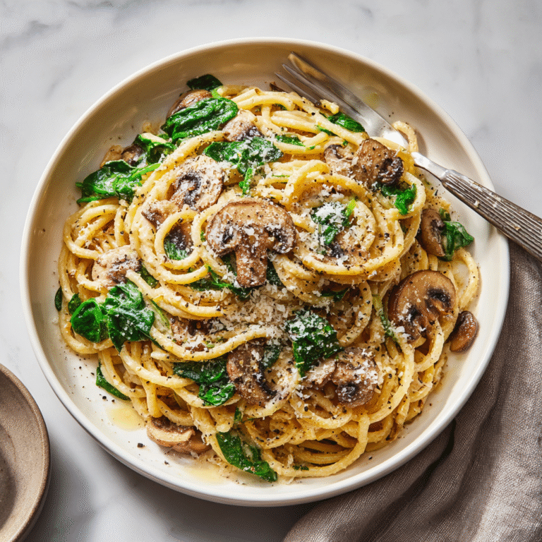 One-pot garlic Parmesan pasta with spinach and mushrooms in a skillet, featuring creamy pasta with wilted spinach, sliced mushrooms, and Parmesan cheese creating a comforting one-pan meal