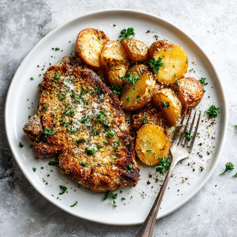 Parmesan crusted steak served with seasoned potatoes, cooked to a golden, crispy finish and plated as a hearty dinner.