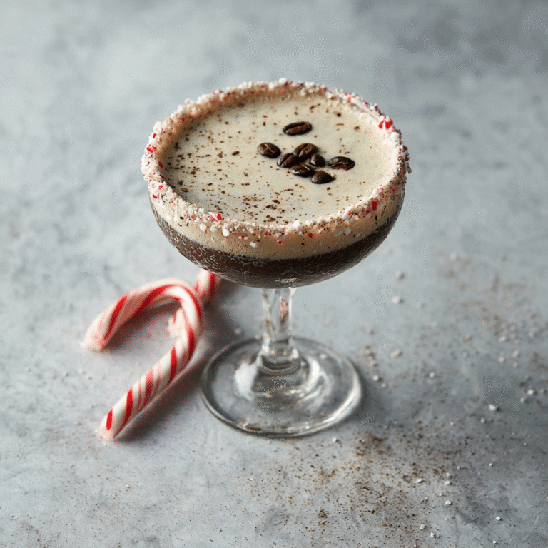 Peppermint espresso martini in a coupe glass with creamy foam top, garnished with crushed candy cane and coffee beans, creating an elegant festive cocktail presentation