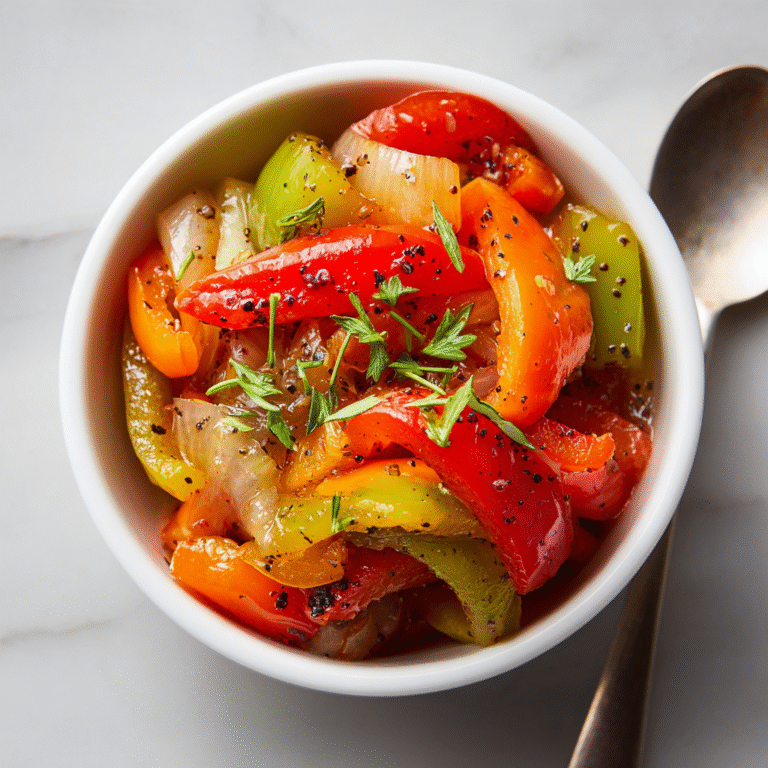 Pickled pepper and onion relish in a jar with colorful sliced peppers and onions in a tangy brine