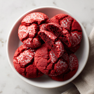 Soft red velvet cookies with white cream cheese frosting on top creating a striking red and white cookie presentation perfect for Valentine's Day and special celebrations