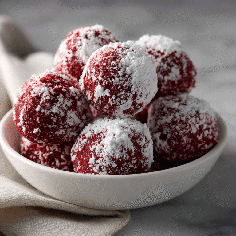 Red velvet snowball cookies dusted with powdered sugar on a plate, featuring round red velvet cookies with cream cheese flavor coated in white powdered sugar creating a festive contrast